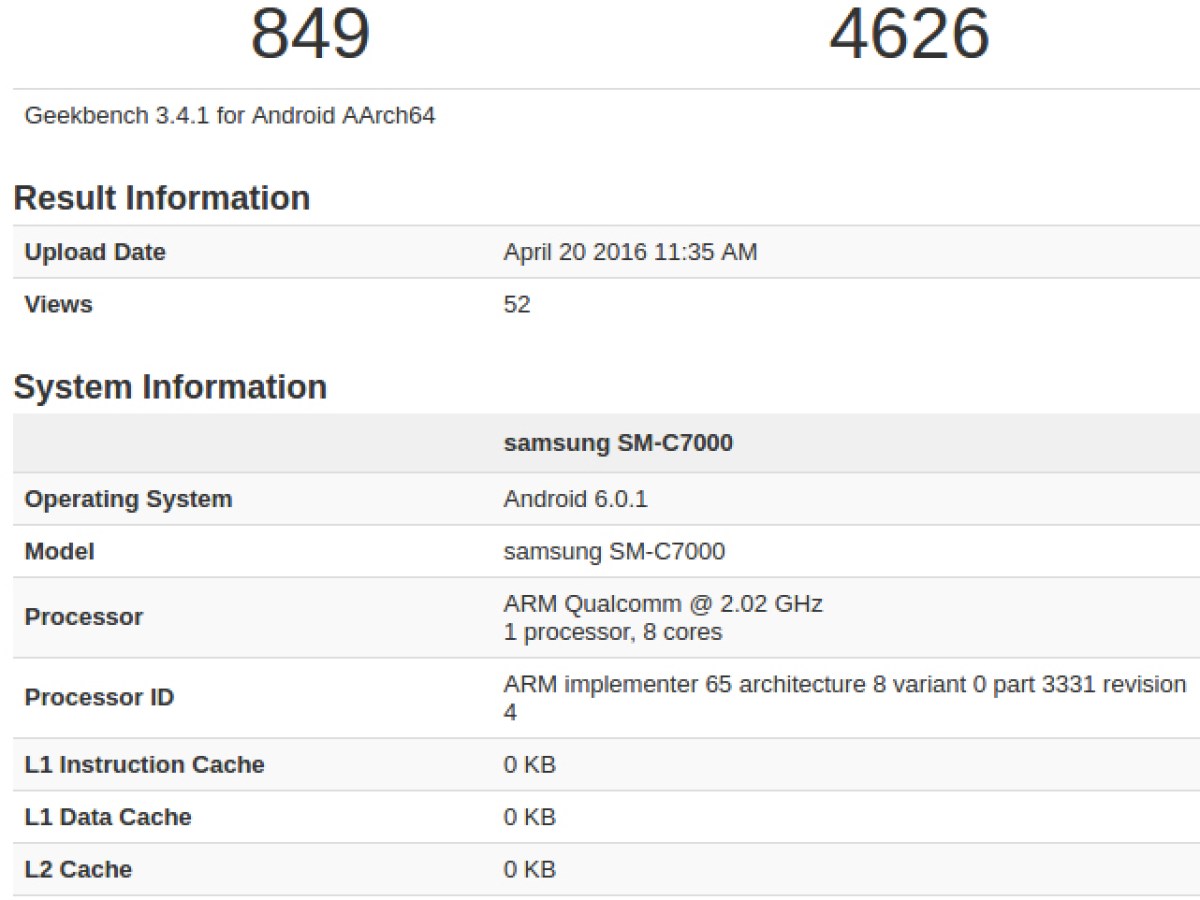 Samsung Galaxy C7 : cette fois, le voici sur Geekbench