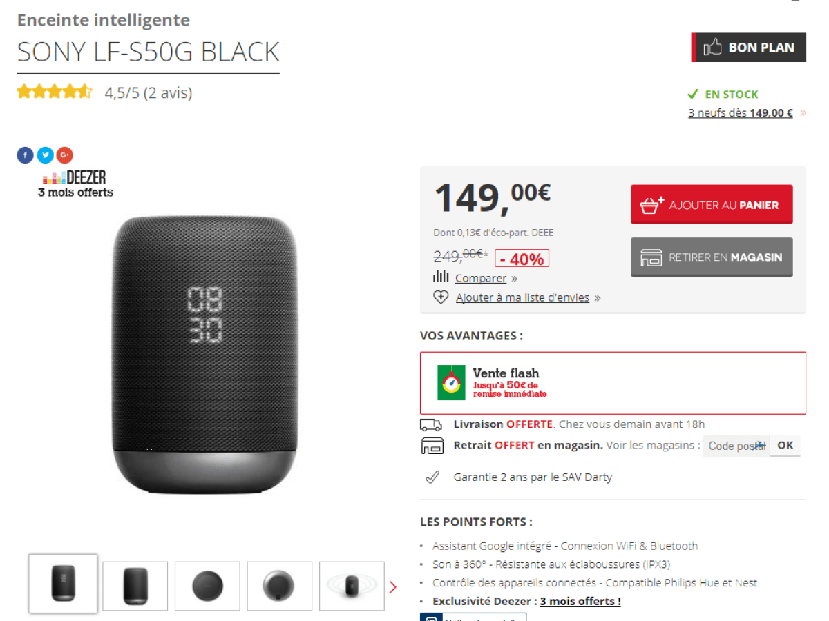 🔥 Bon plan : baisse de prix sur l'enceinte Sony LF-S50G, le Google Home par Sony à 149 euros au lieu de 250