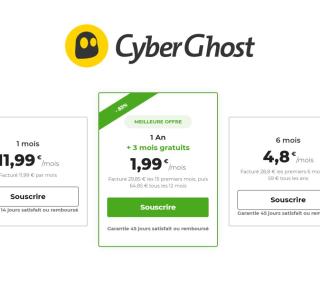 Cyberghost VPN offre actuellement 3 mois sur l’abonnement annuel (1,99 €/mois)