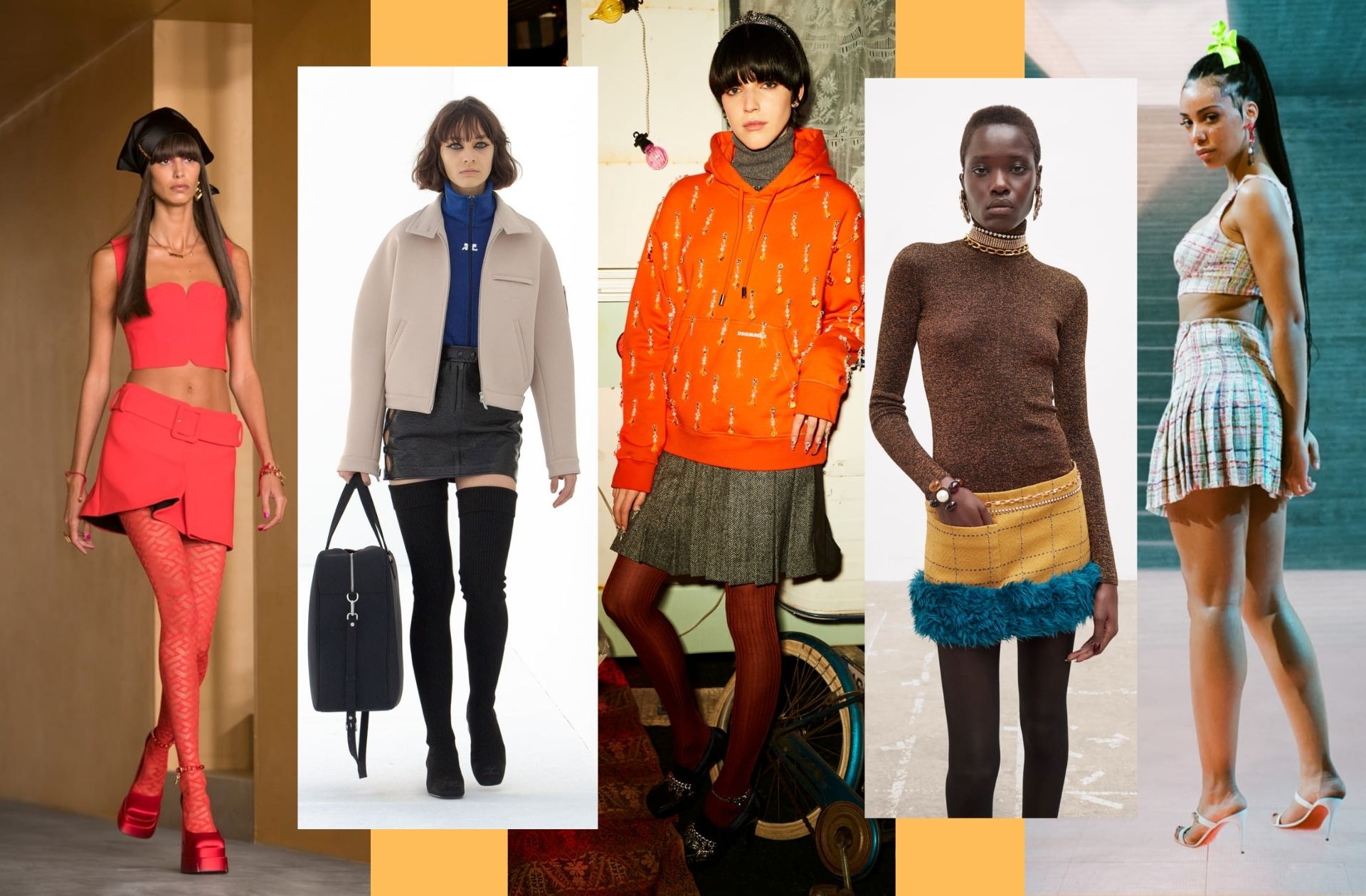 La mini-jupe sixties aperçue chez Versace, Courrèges, Dsquared2, Saint Laurent, ou encore Lecourt Mansion.