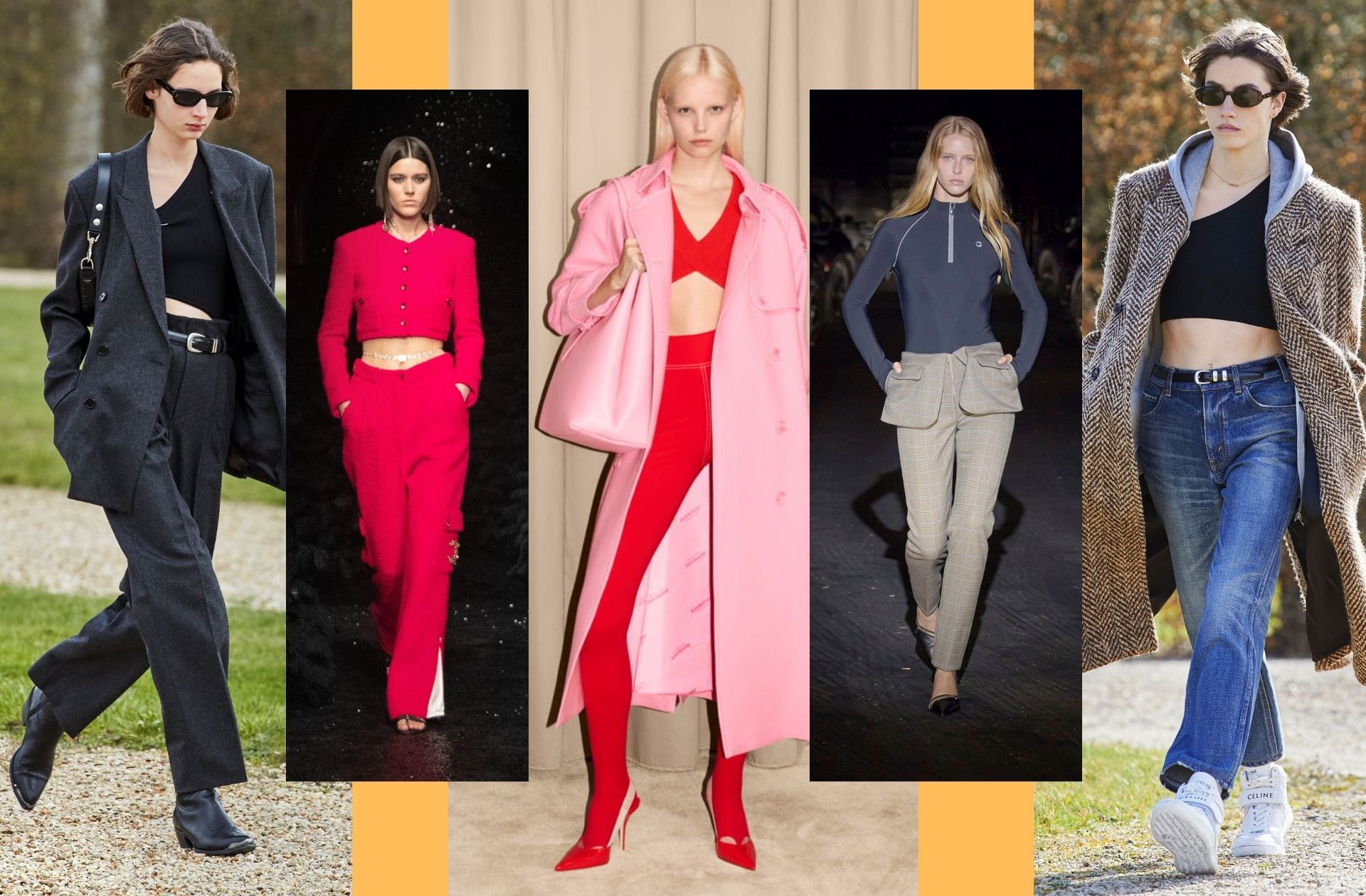 Le mixe de pièces tailleurs et sportswear aperçus chez Céline, Chanel, Burberry, Coperni, et Celine encore.