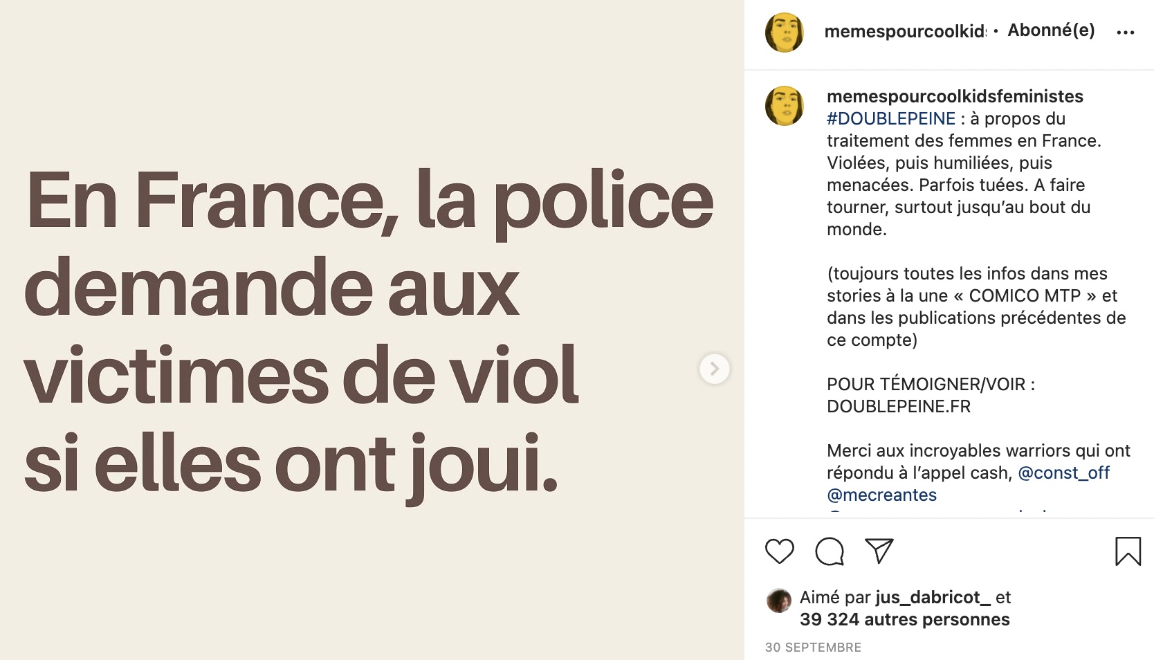 Sur l’Instagram d’Anna Toumazoff, militante féministe et l’une des fondatrices de #DoublePeinne