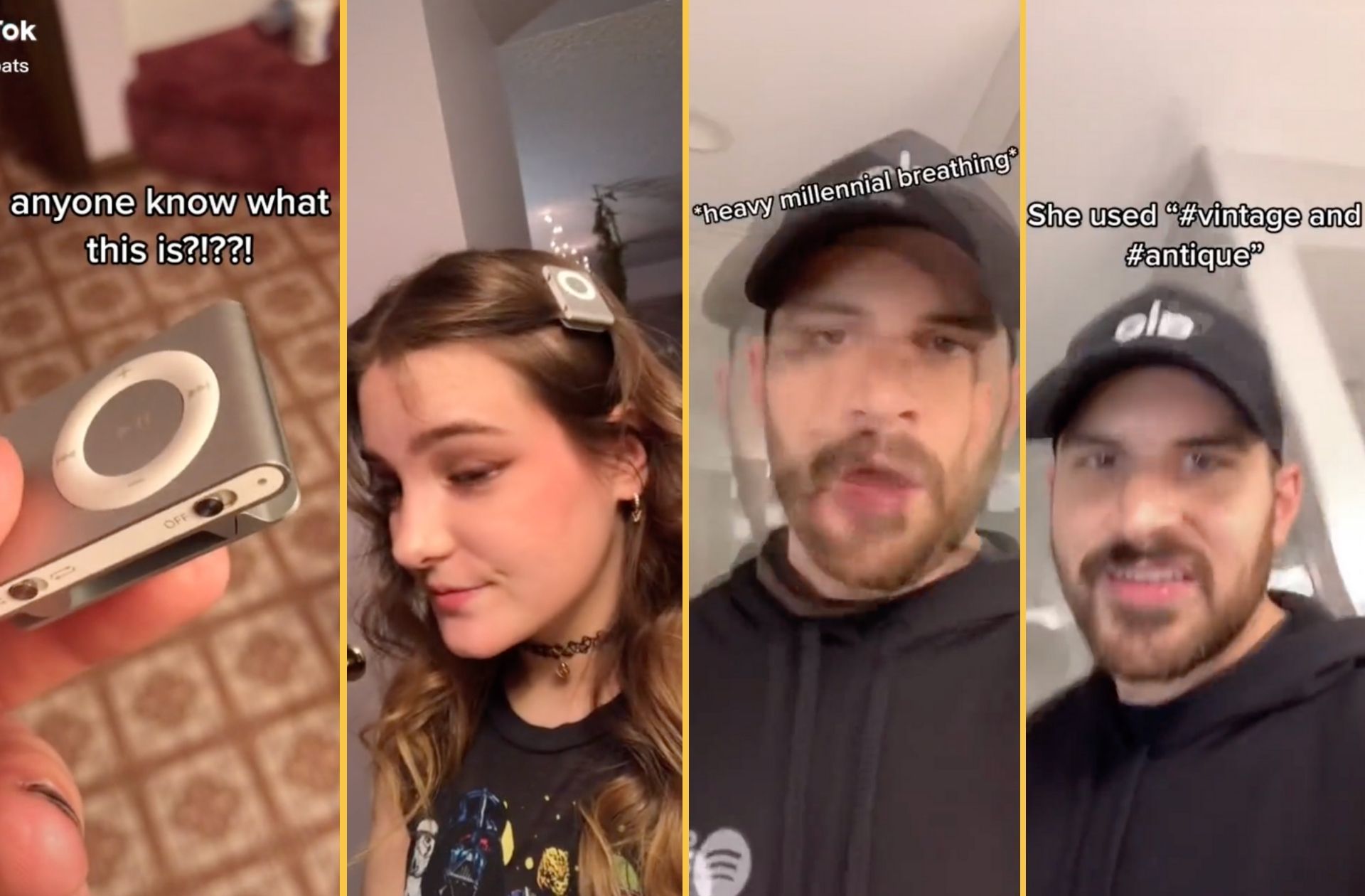Millennial reacts to viral TikTok by @freckenbats pretending not to know what an iPod Shuffle is.